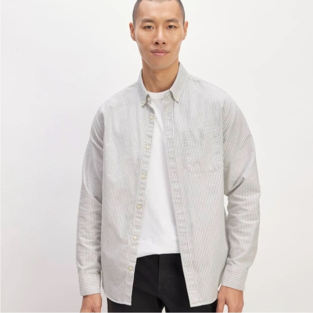 Everlane, organic cotton, Oxford button down shirt, gray and white stripe, med